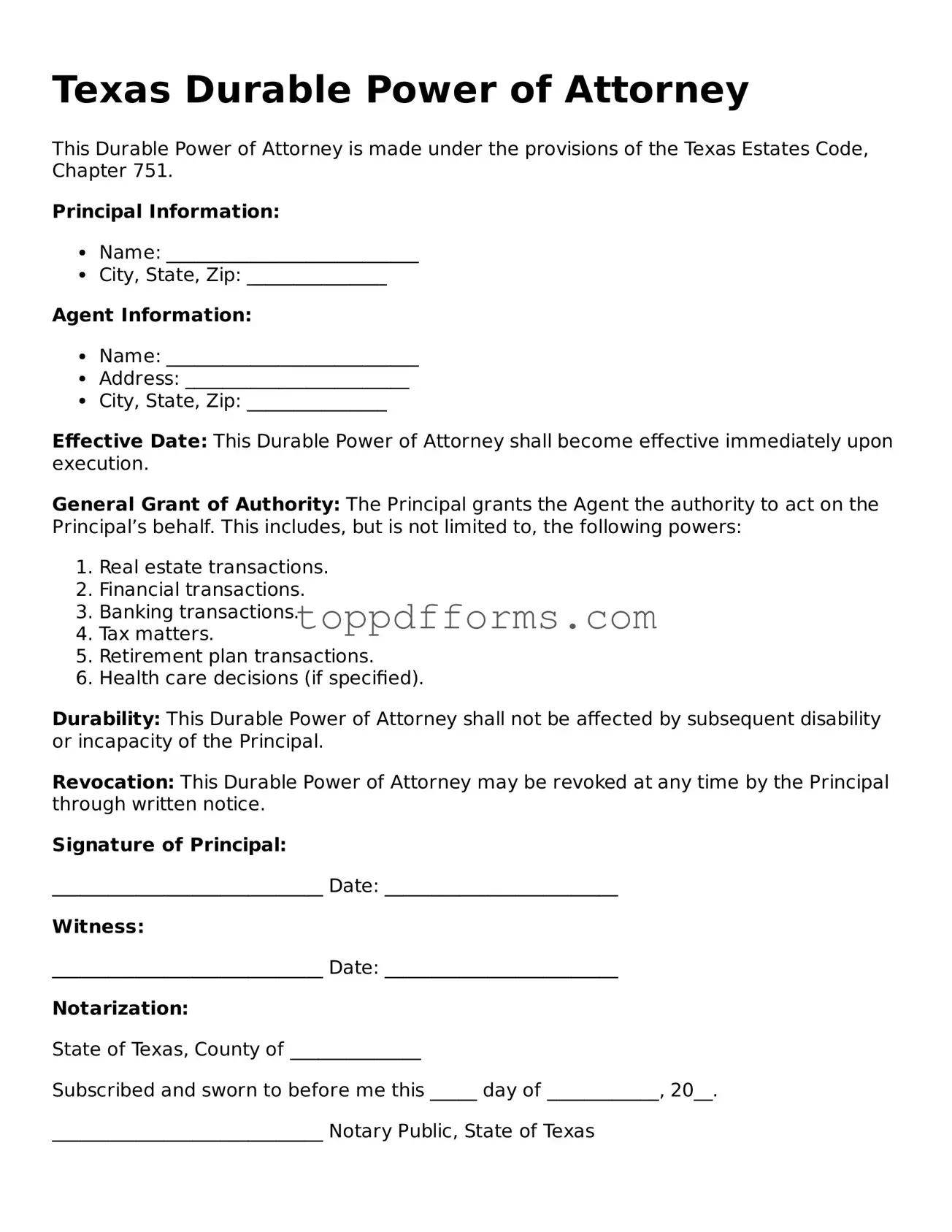 Durable Power of Attorney Document for Texas State