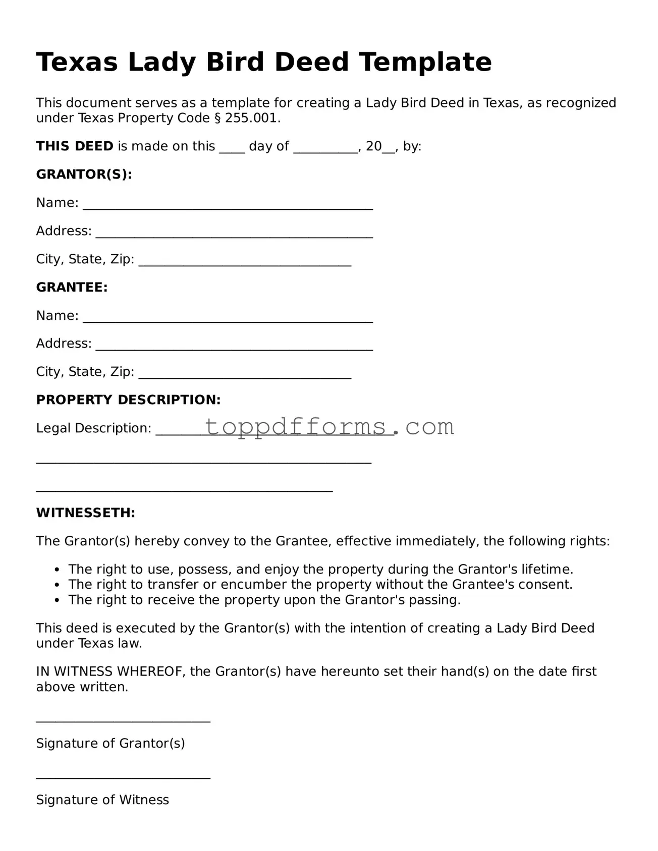 Lady Bird Deed Document for Texas State