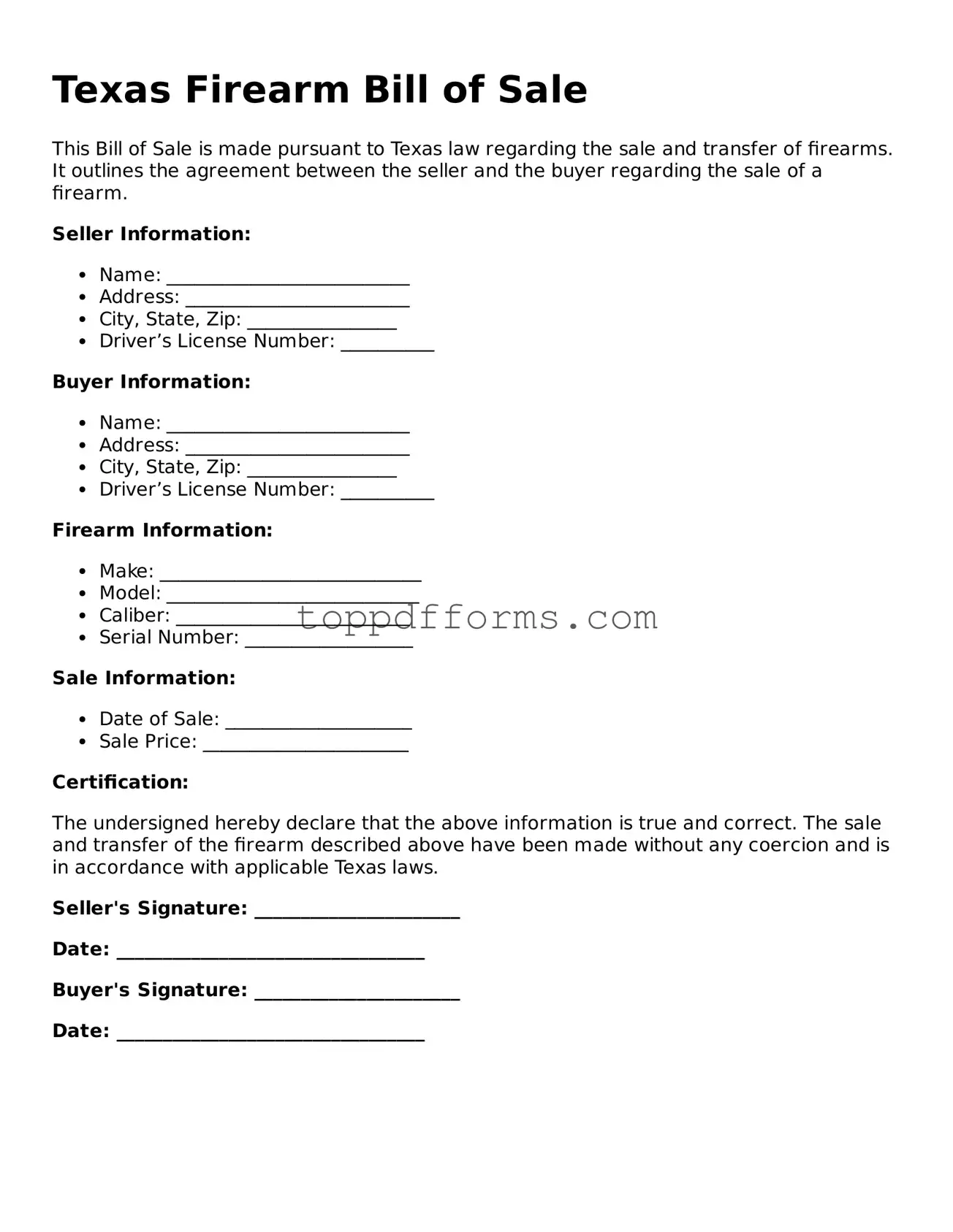 Firearm Bill of Sale Document for Texas State