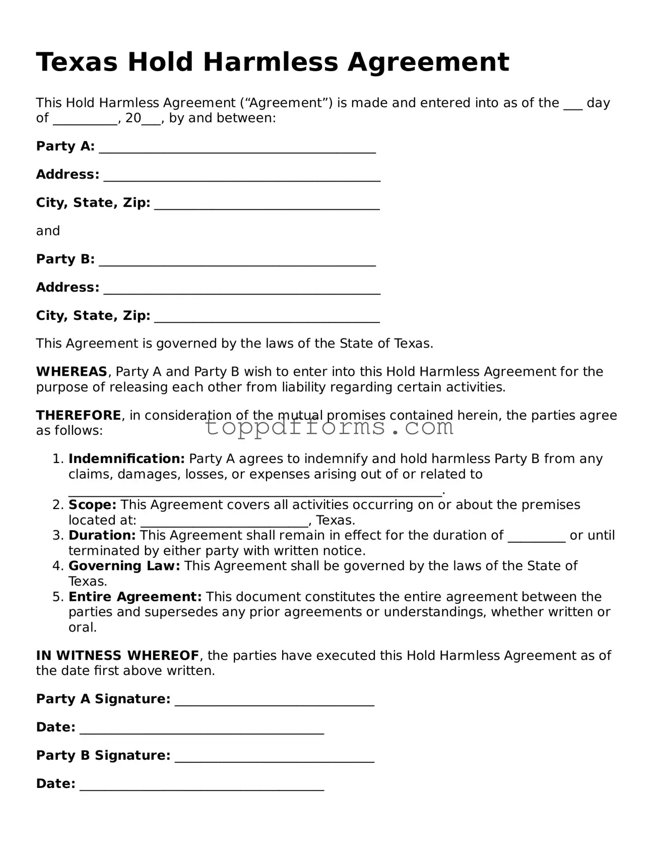 Hold Harmless Agreement Document for Texas State
