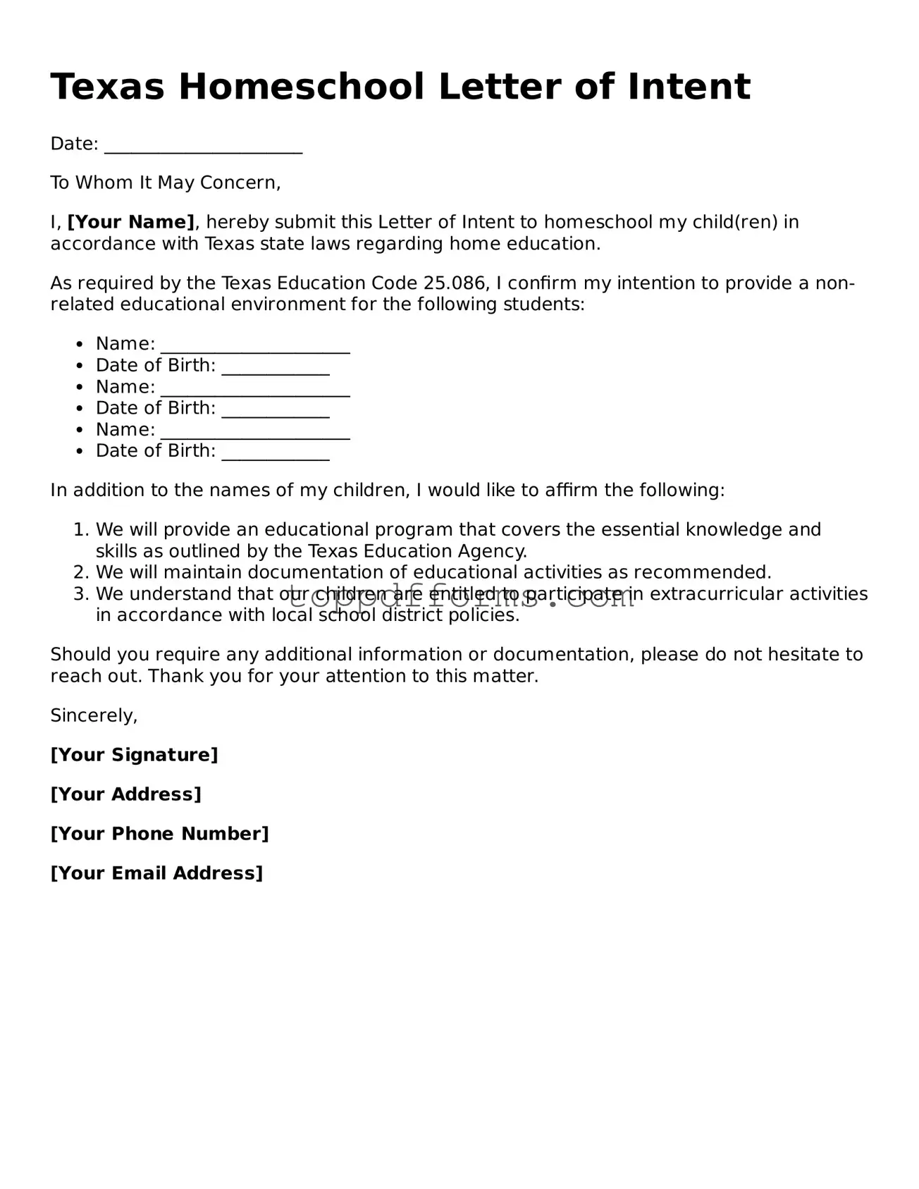 Homeschool Letter of Intent Document for Texas State