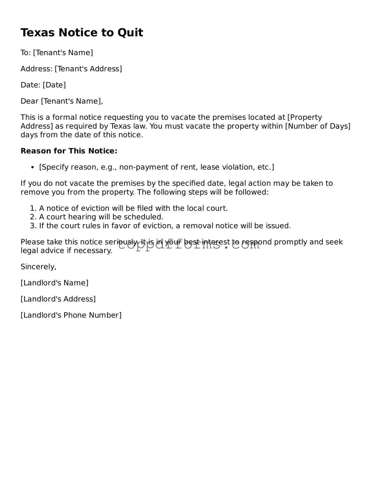 Notice to Quit Document for Texas State