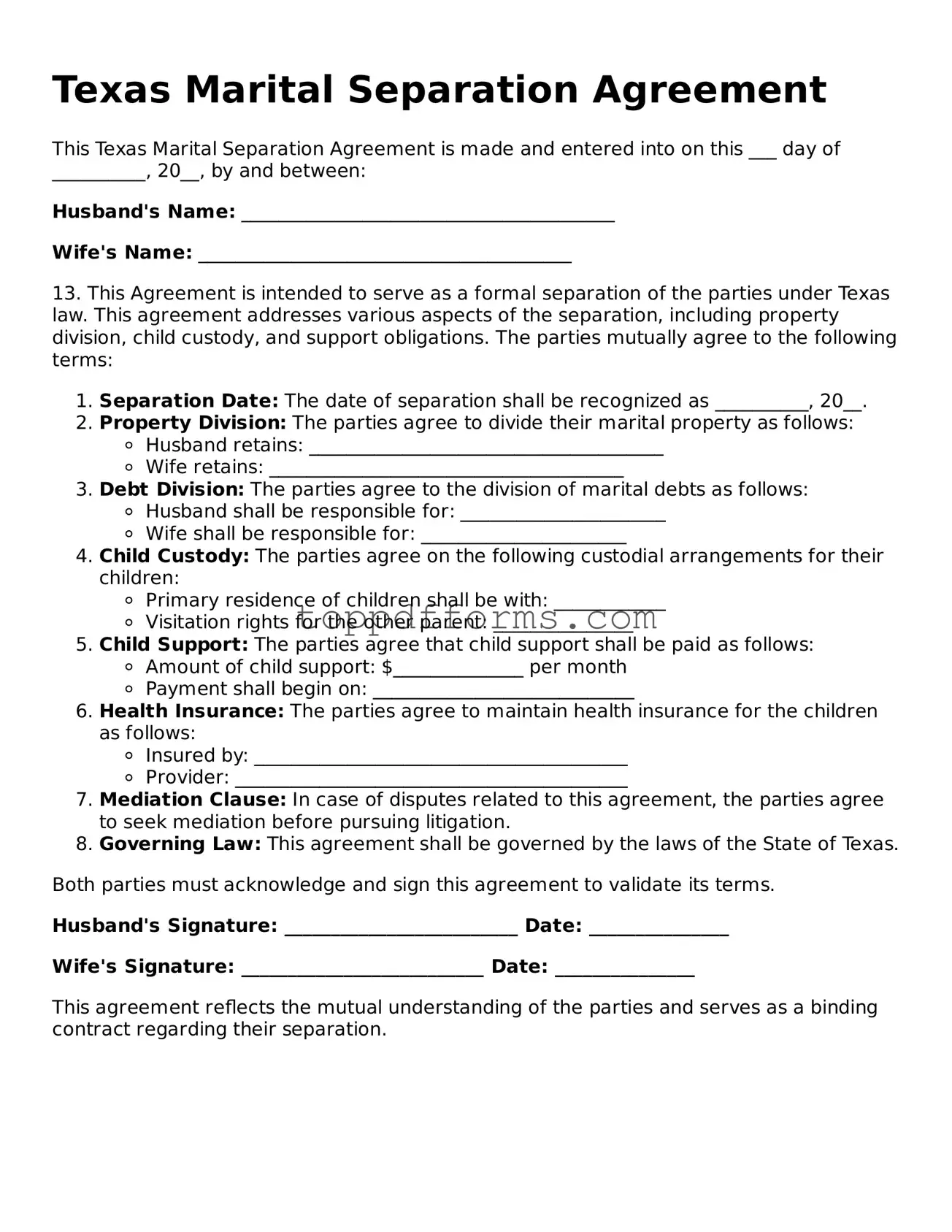 Marital Separation Agreement Document for Texas State