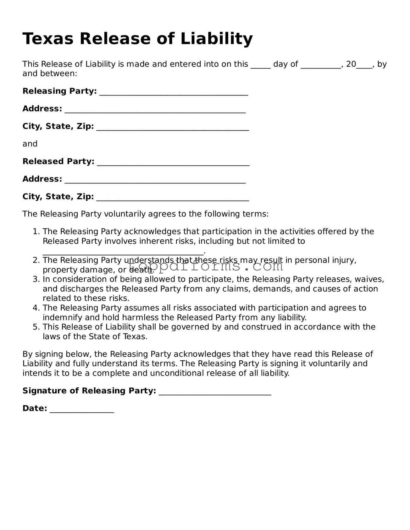 Release of Liability Document for Texas State