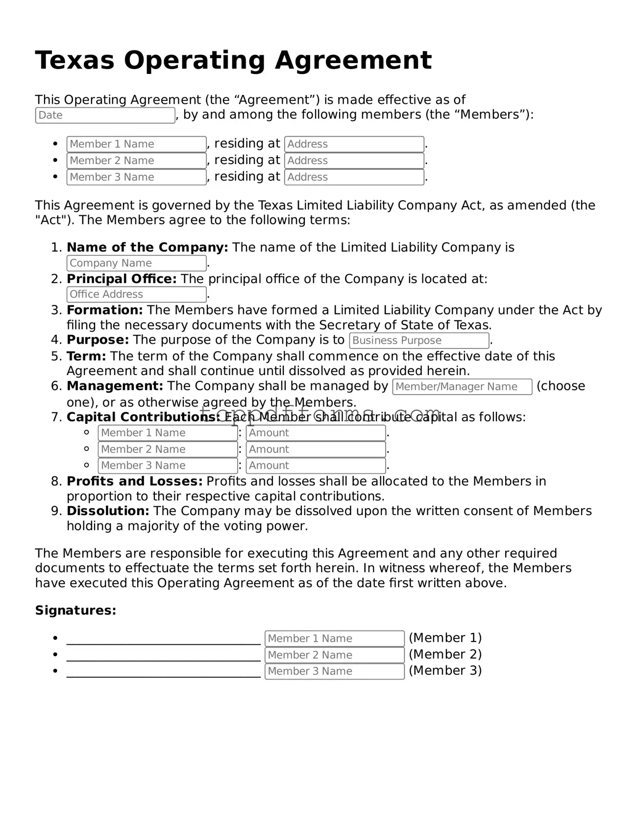 Operating Agreement Document for Texas State