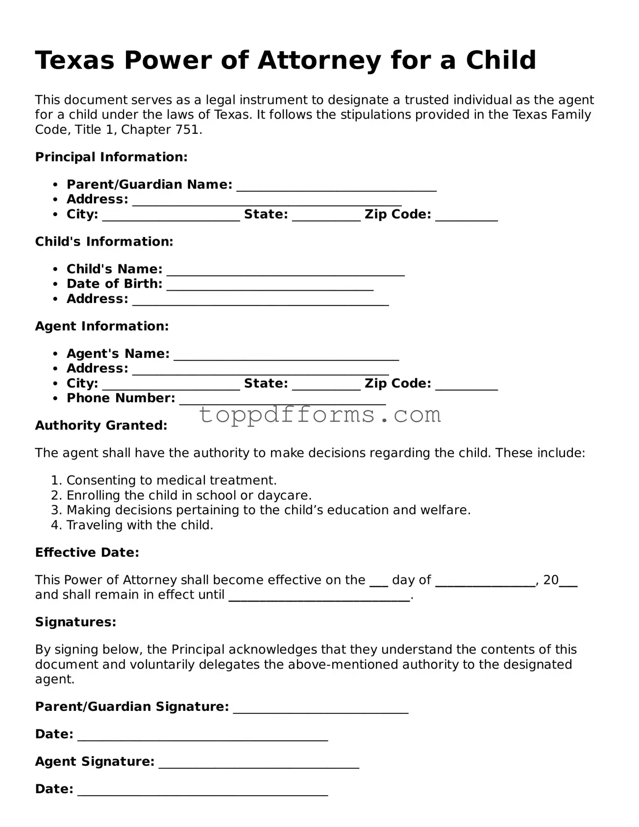 Power of Attorney for a Child Document for Texas State