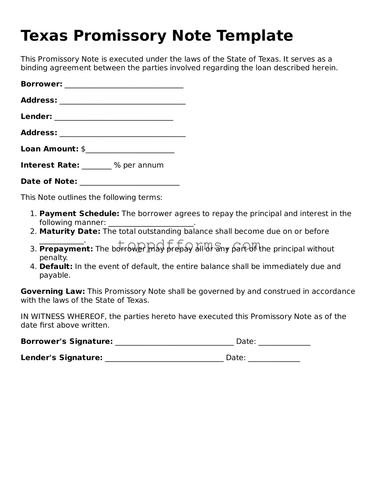 Promissory Note Document for Texas State