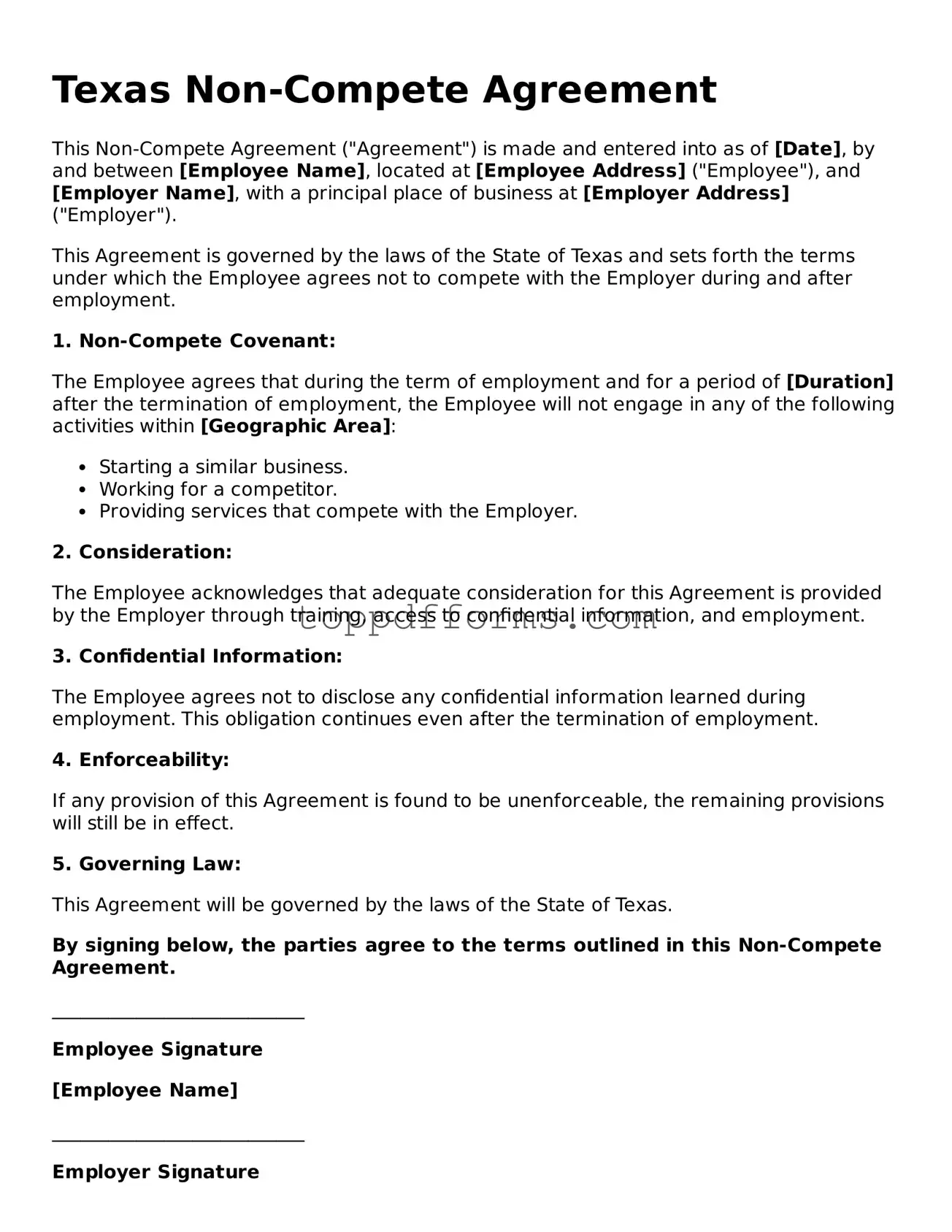 Non-compete Agreement Document for Texas State