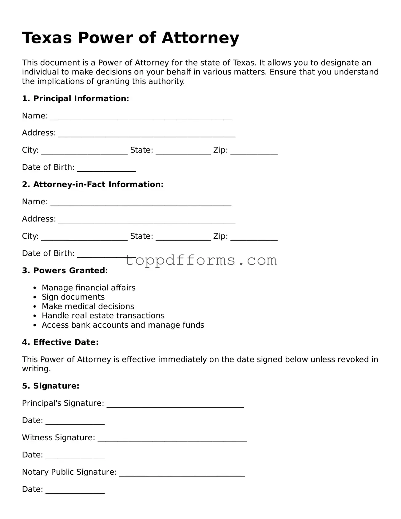 Power of Attorney Document for Texas State