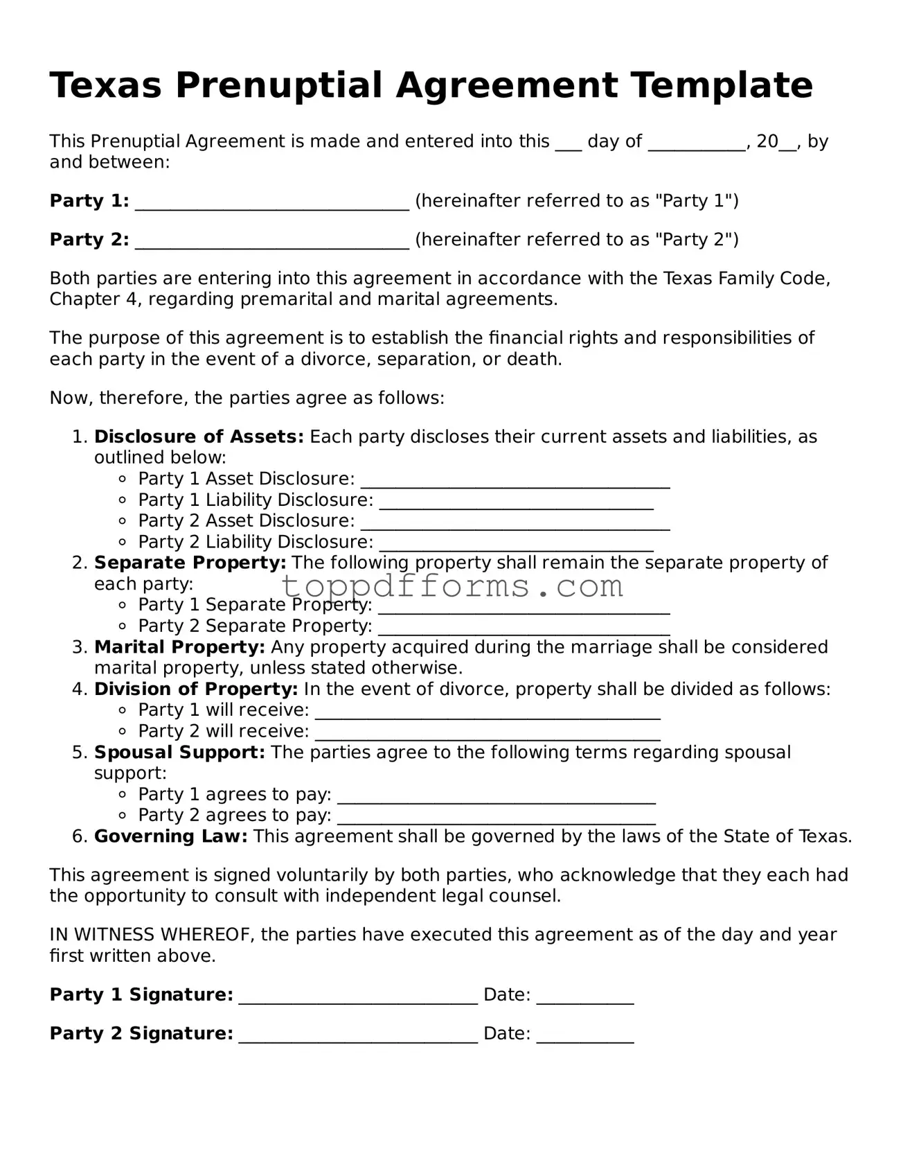 Prenuptial Agreement Document for Texas State