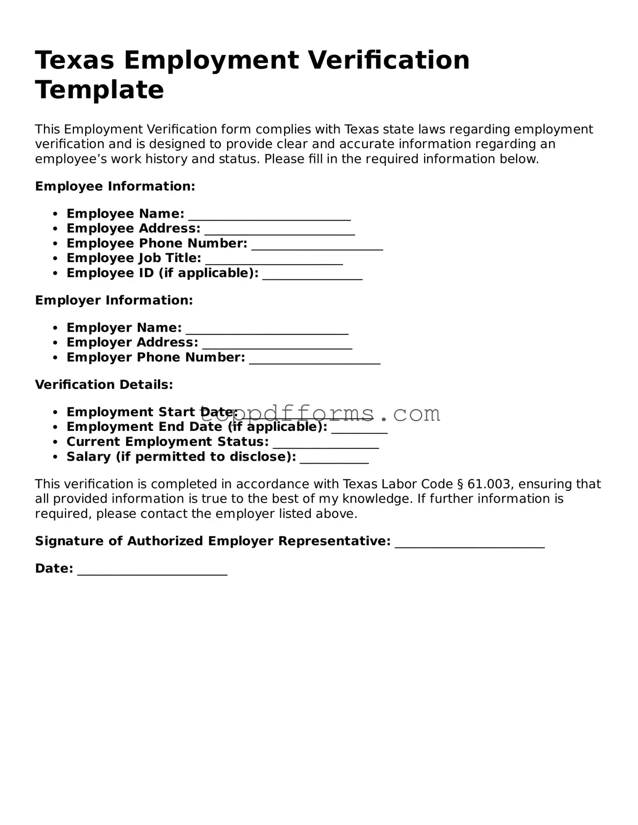 Employment Verification Document for Texas State