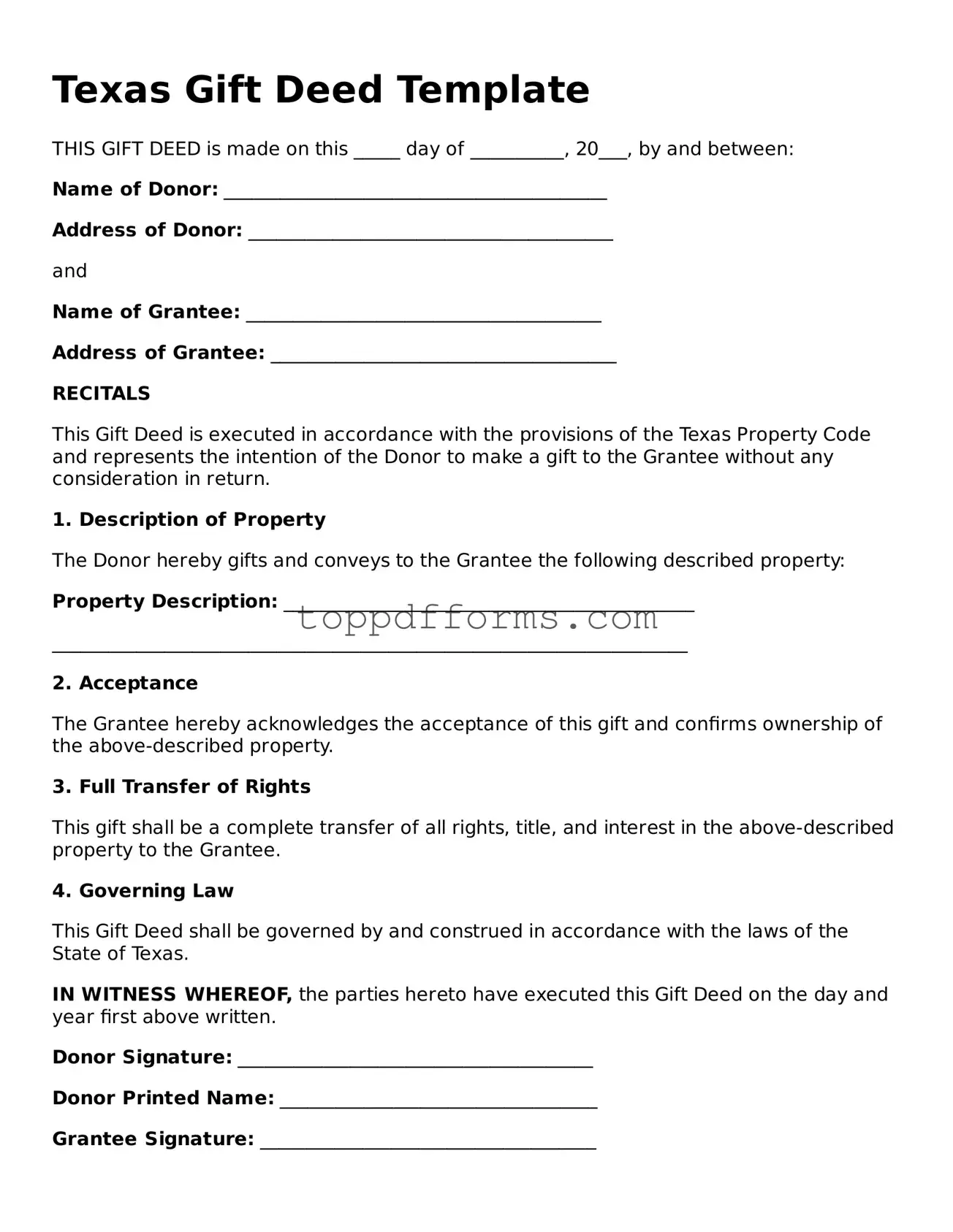 Gift Deed Document for Texas State