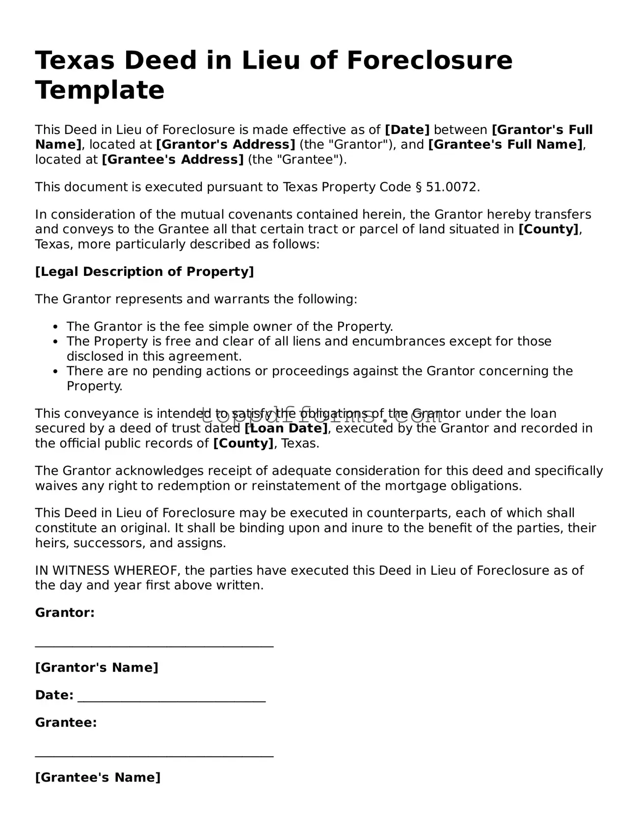 Deed in Lieu of Foreclosure Document for Texas State