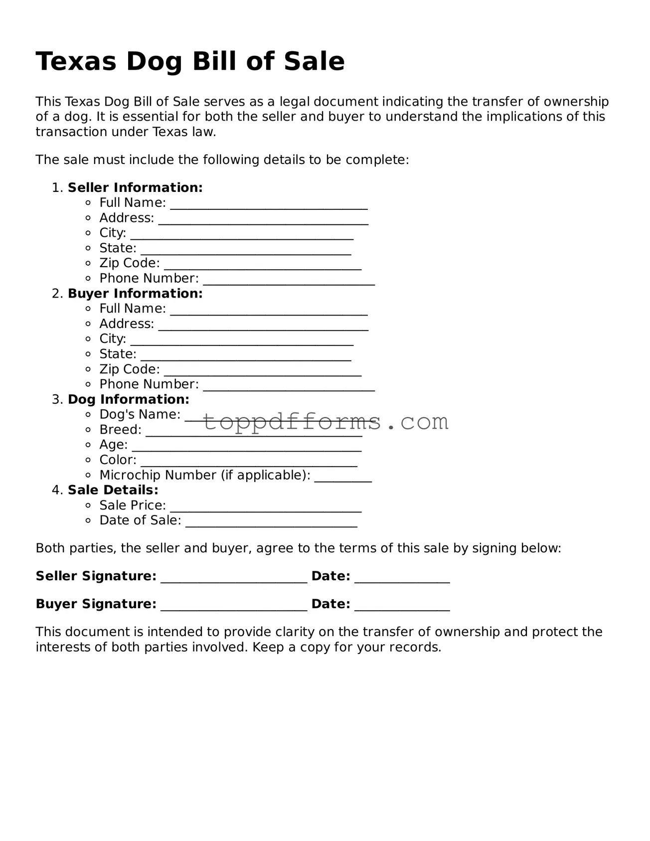 Dog Bill of Sale Document for Texas State