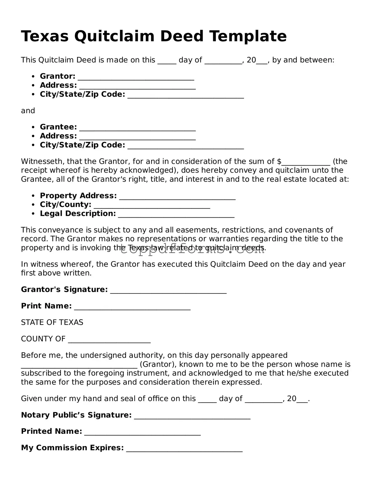 Quitclaim Deed Document for Texas State