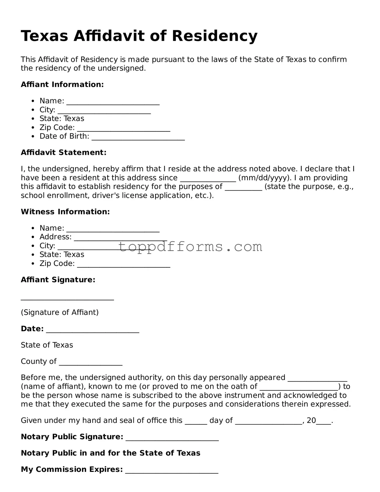 Affidavit of Residency Document for Texas State