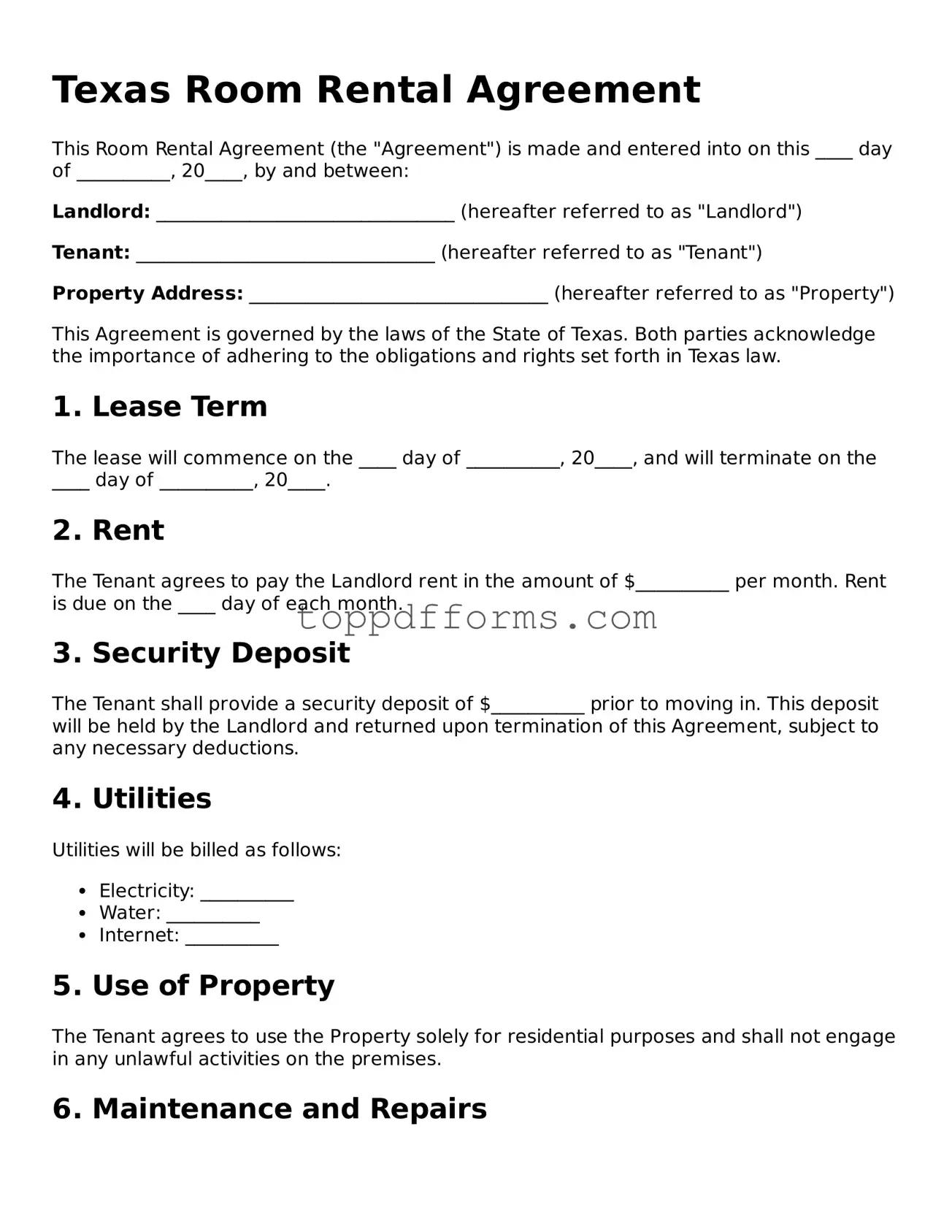 Room Rental Agreement Document for Texas State