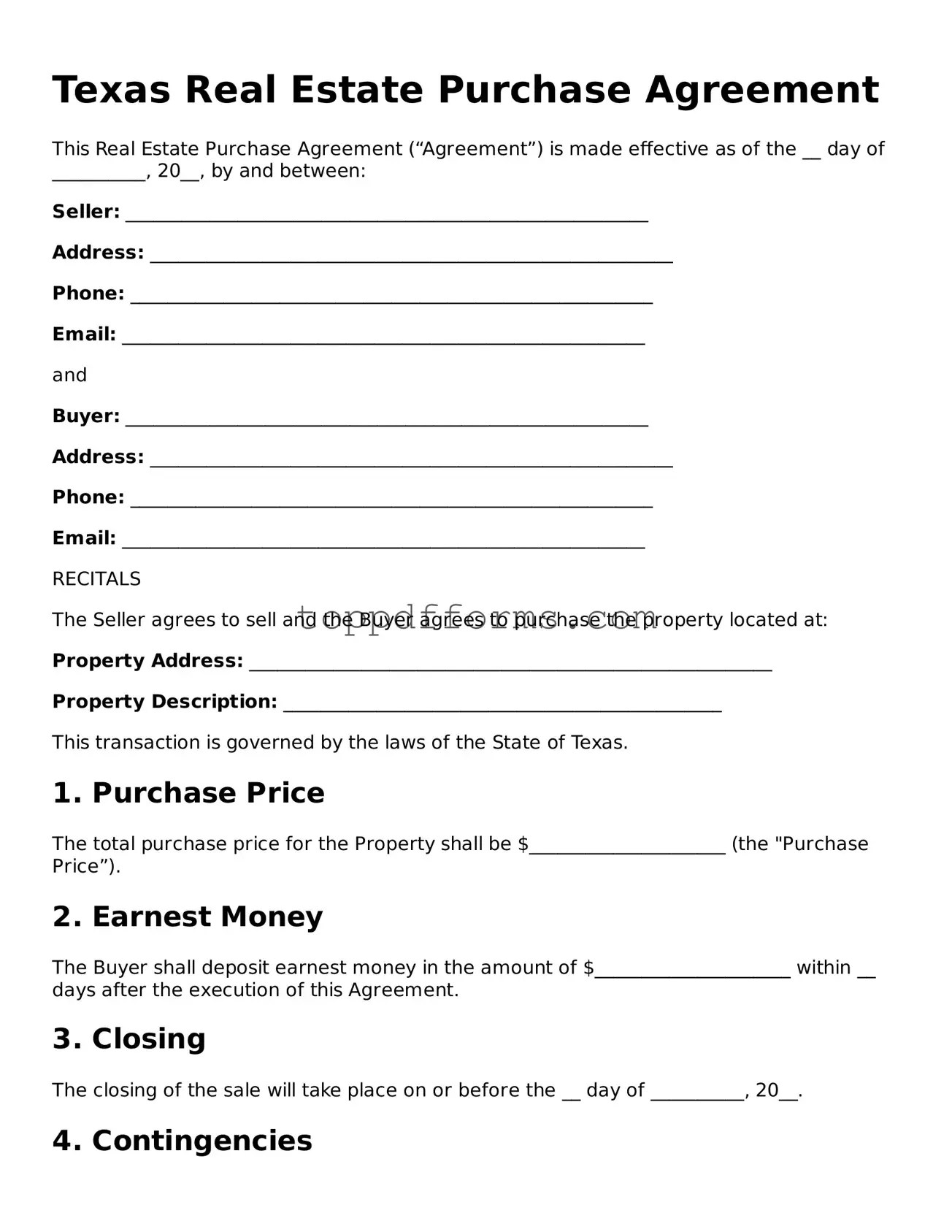 Real Estate Purchase Agreement Document for Texas State