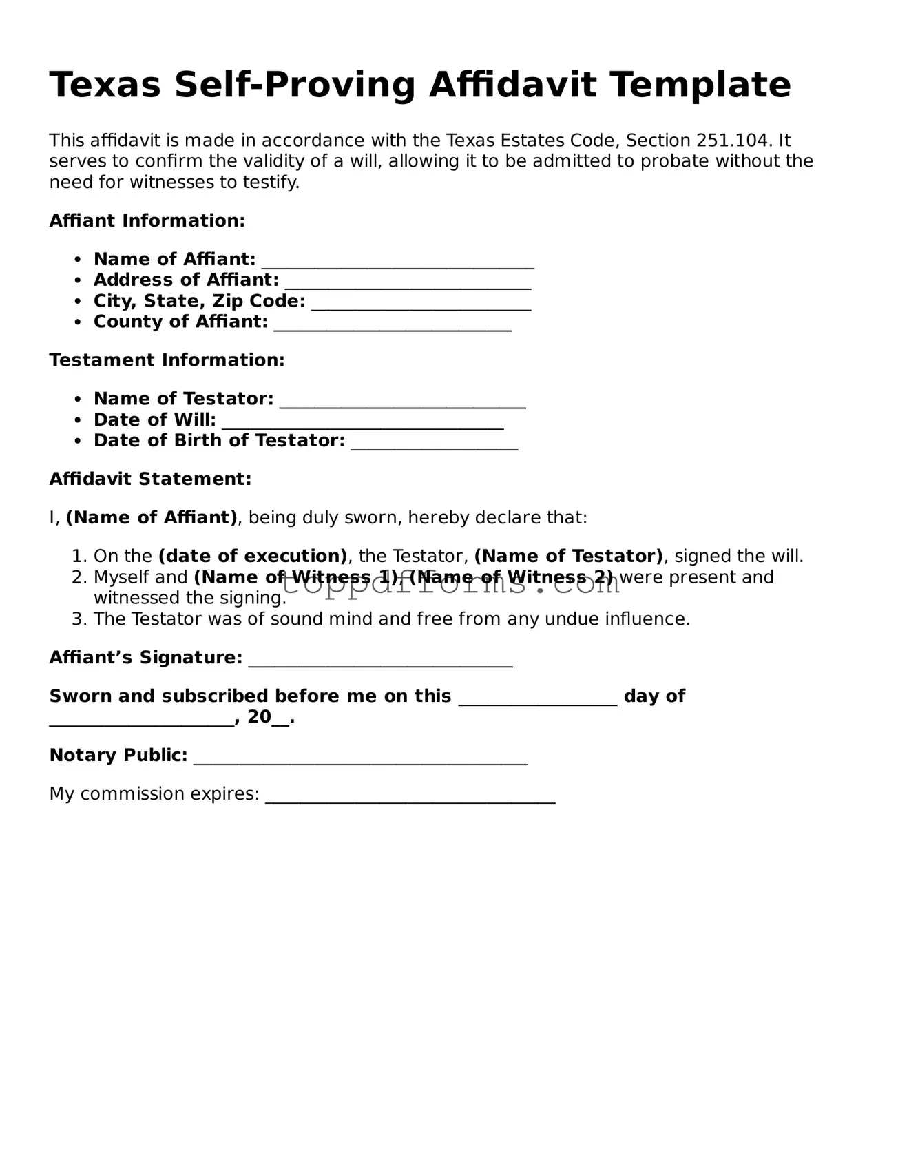Self-Proving Affidavit Document for Texas State