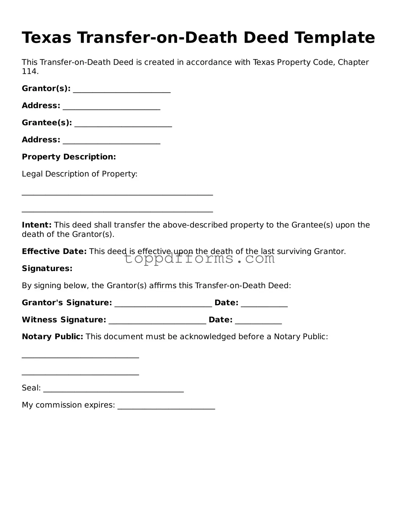 Transfer-on-Death Deed Document for Texas State
