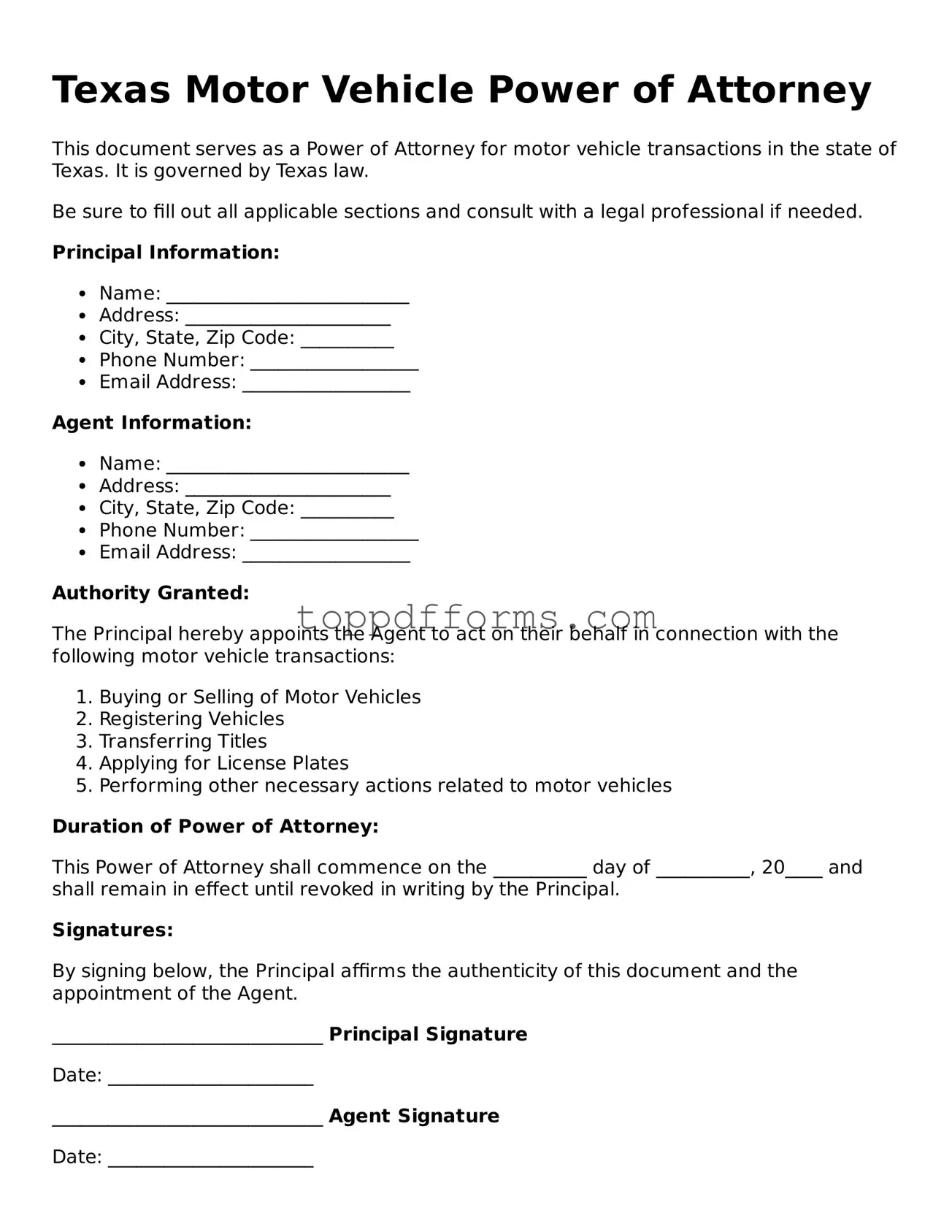 Motor Vehicle Power of Attorney Document for Texas State