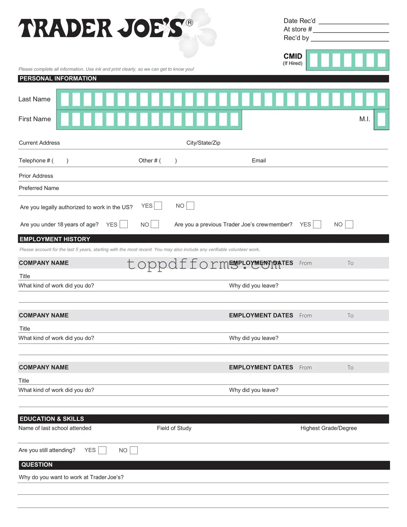 Free Trader Joe's application Form