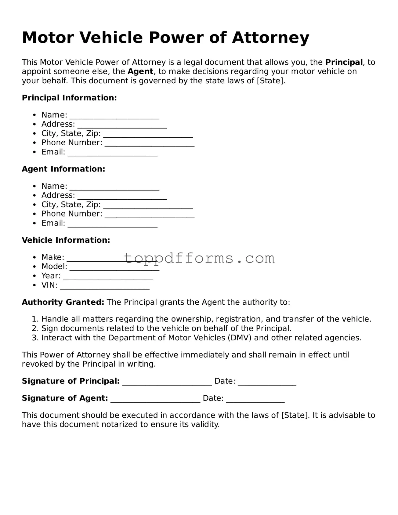 Free Motor Vehicle Power of Attorney Template