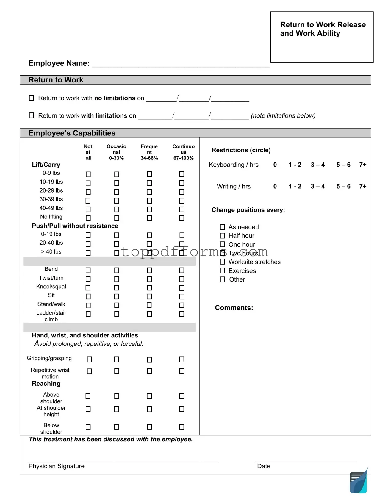 Free Work Release Form