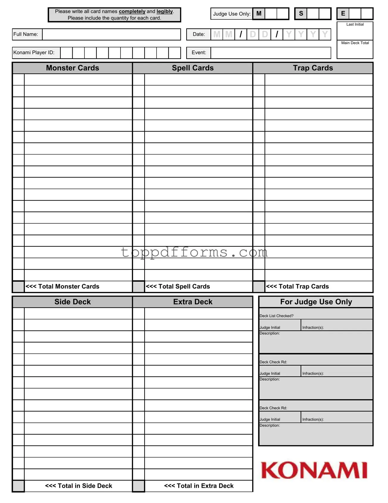 Free Konami Decklist Form